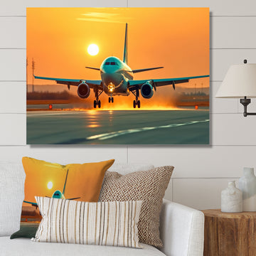 Sunset Airplane On The Tarmac I - Plane Canvas Wall Art